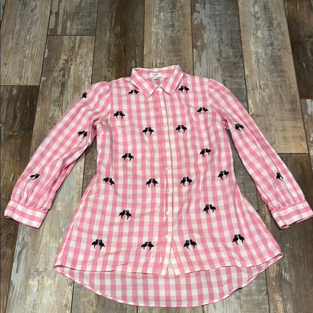 Pink Gingham Button-Up Shirt with Bird Embroidery by crown & ivy